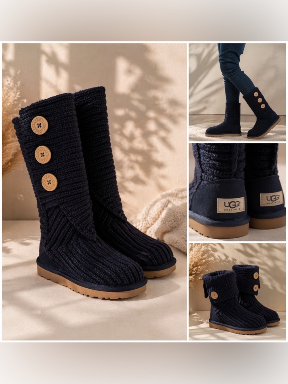 UGG Navy Knit Button Tall Boots with Wood-Tone Buttons